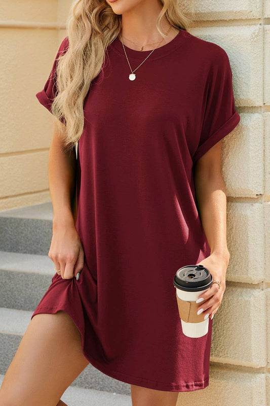 CWDSD4078_SOLID COLOR CREW NECK POCKET SHORT SLEEVE DRESS