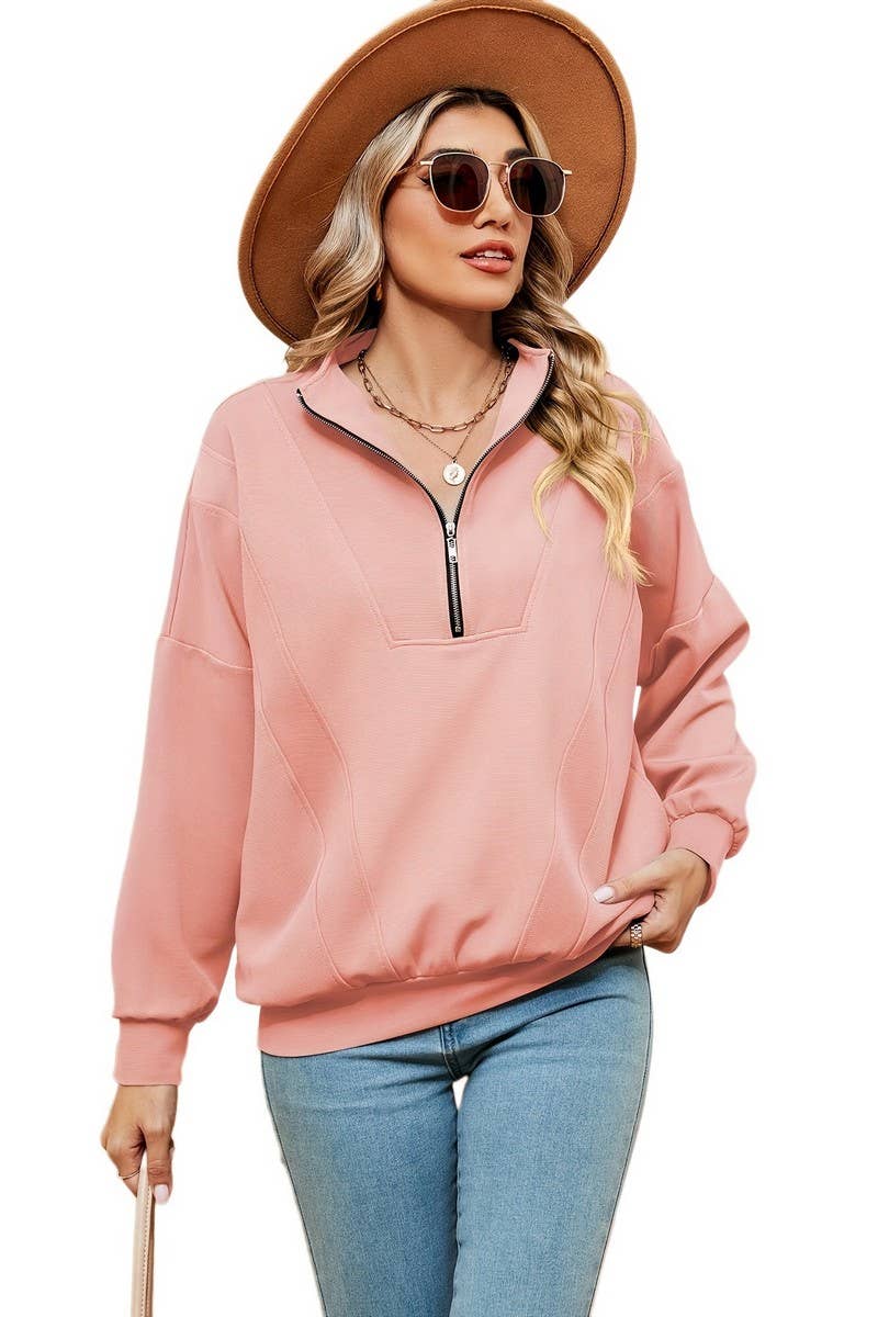 CWTBLL2399_ZIPPERED STAND COLLAR POCKET CASUAL SWEATSHIRT