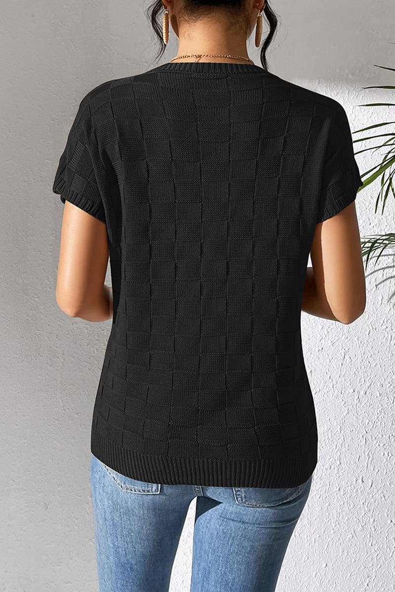 CWOSWS0086_SOLID COLOR LOOSE KNIT SHORT-SLEEVED TOP