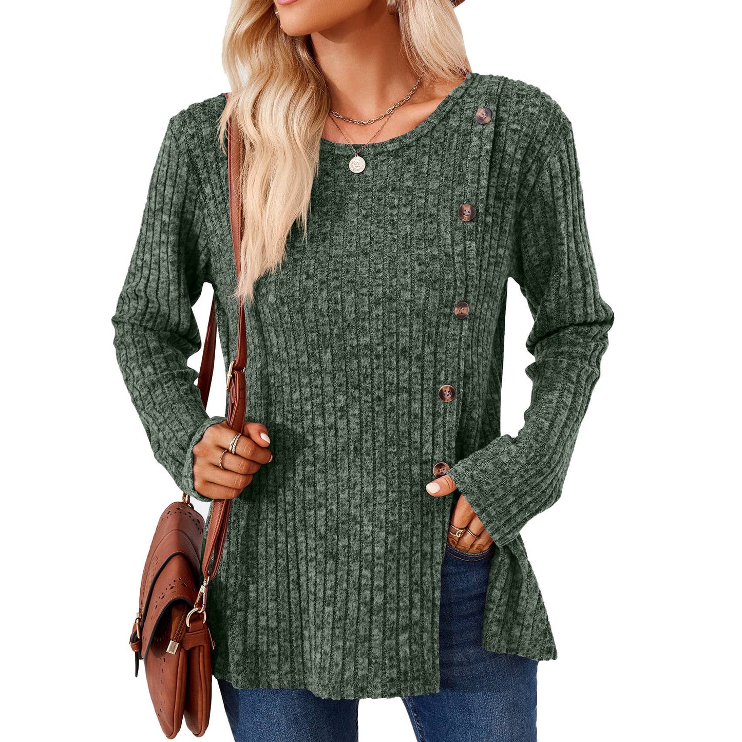 CREW-NECK BUTTON-UP LONG-SLEEVED LOOSE T-SHIRT