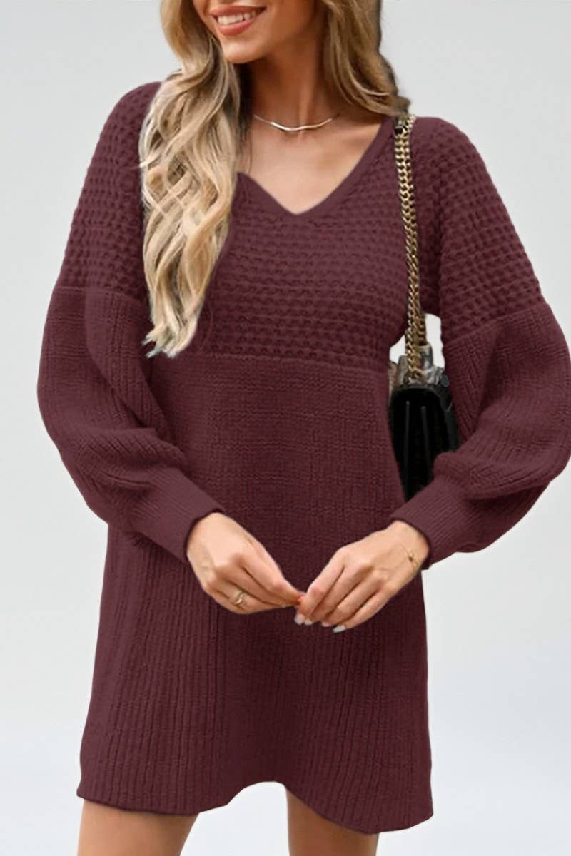 CWDSD10582_V NECK PUFF SLEEVE SOLID KNIT SWEATER DRESS