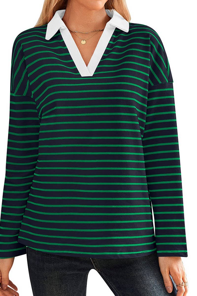 CWTBLL3674_STRIPED V-NECK LOOSE LAPEL SWEATSHIRT TOP