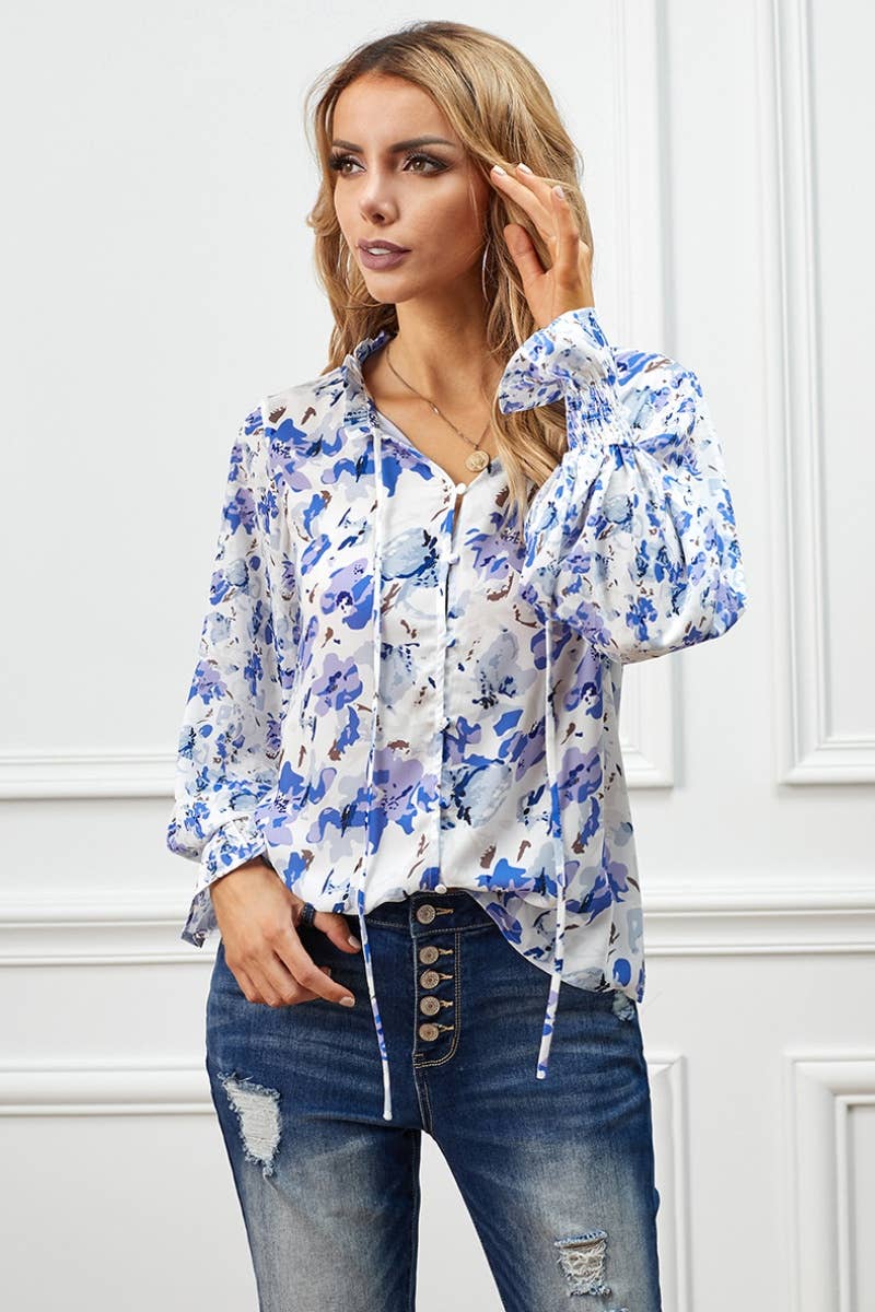 CWTBLL1151_FLORAL CHIFFON LONG SLEEVE V-NECK SHIRT TOP