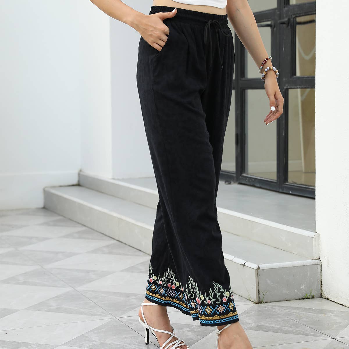 Folk embroidery pass-through wide-legged pants