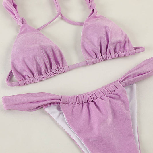 Solid Color Knotted Bikini - Sexy Backless Swimwear_CWMW0260