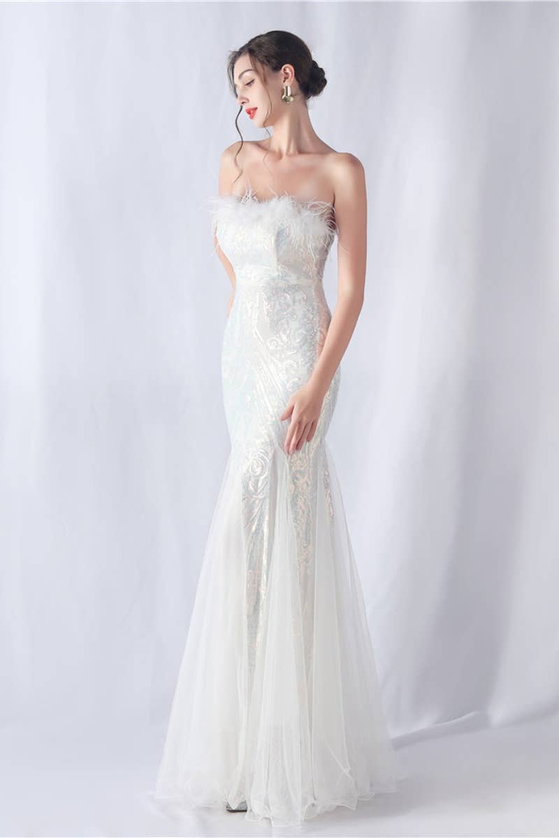 CWDMD3628_FURRY STRAPLESS SEQUIN EVENING DRESS LONG