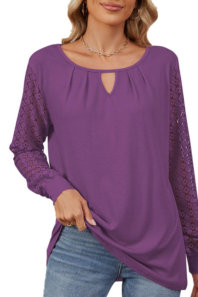 CWTBLL2366_SOLID COLOR LACE PATCHWORK LOOSE LONG-SLEEVED TOP