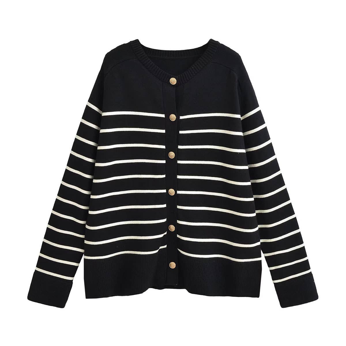CREW-NECK COLOR-STRIPED SINGLE-BREASTED CARDIGAN
