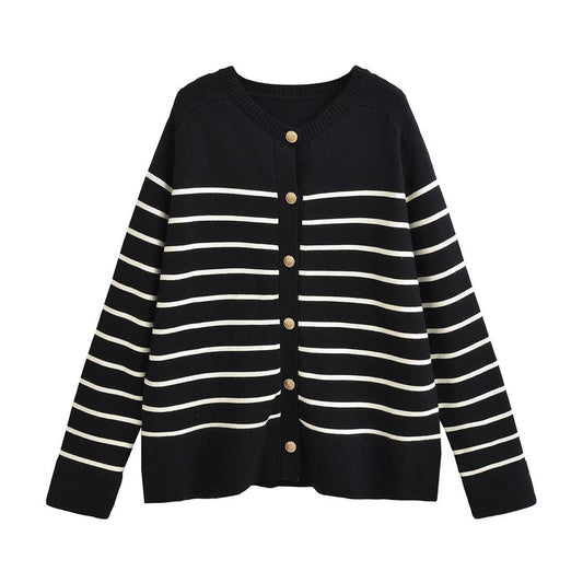 CREW-NECK COLOR-STRIPED SINGLE-BREASTED CARDIGAN