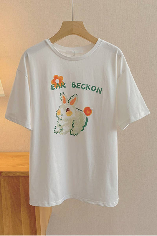 CWTTS1002_CUTE BUNNY PRINT CREW NECK T SHIRT