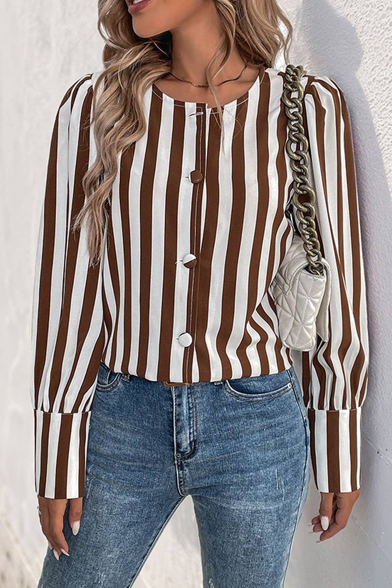 CWTBLL3740_SUMMER V-NECK SINGLE-BREASTED STRIPED SHIRT