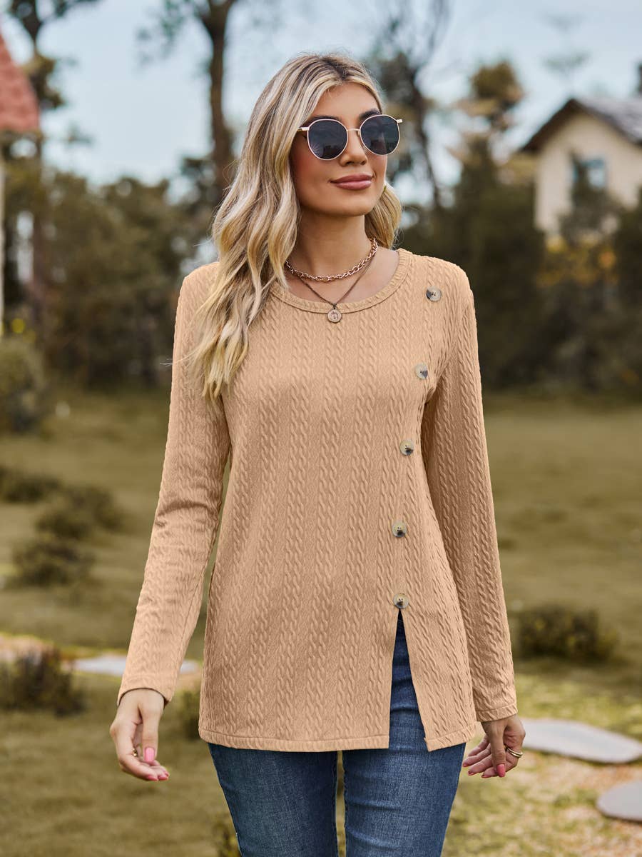 CREW-NECK BUTTONS DECORATED OPEN-SPLIT T-SHIRTS