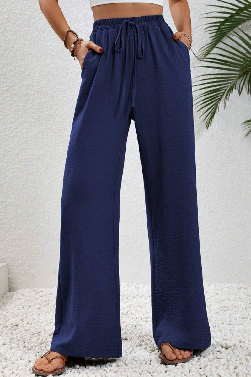 CWBMP0139_SUMMER CASUAL SOLID COLOR LACE-UP WIDE-LEG PANTS