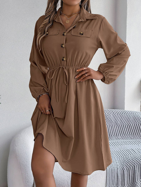CASUAL BUTTON-UP WAIST LONG SLEEVE SHIRT DRESS