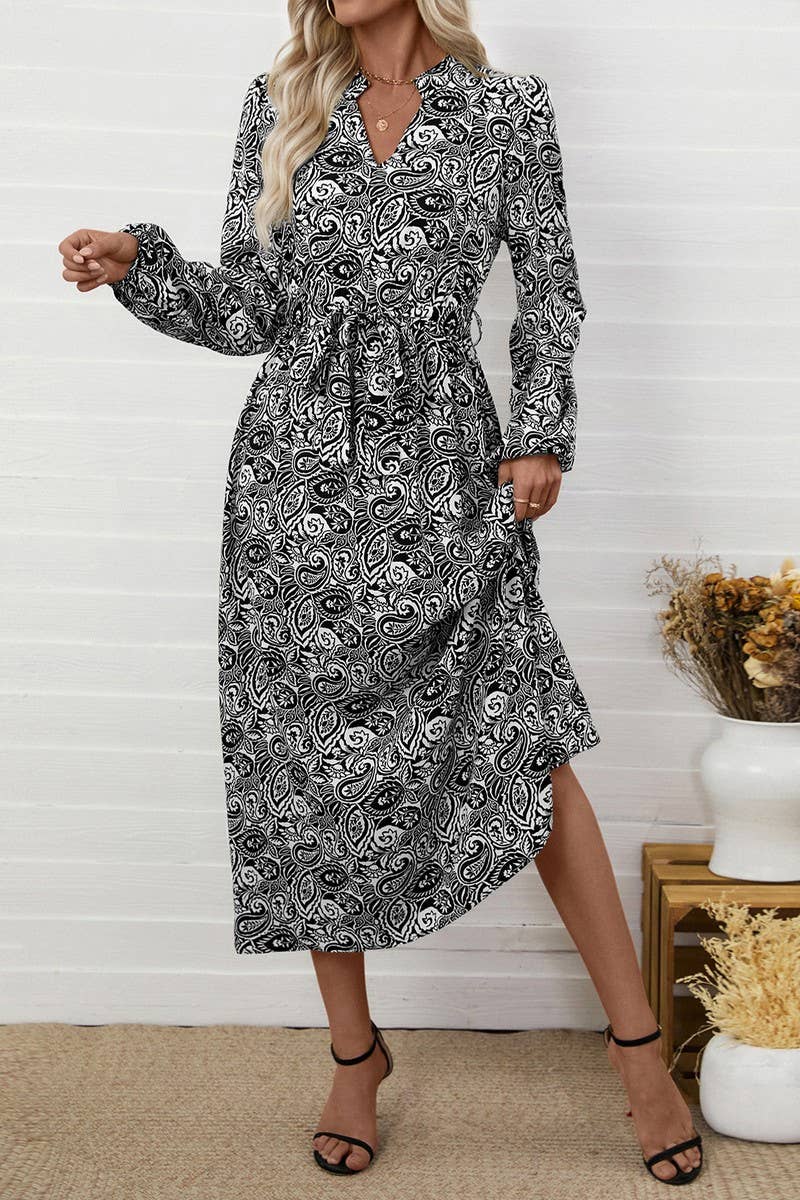 CWDMD6295_ELEGANT V-NECK ETHNIC PRINT LONG SLEEVE DRESS
