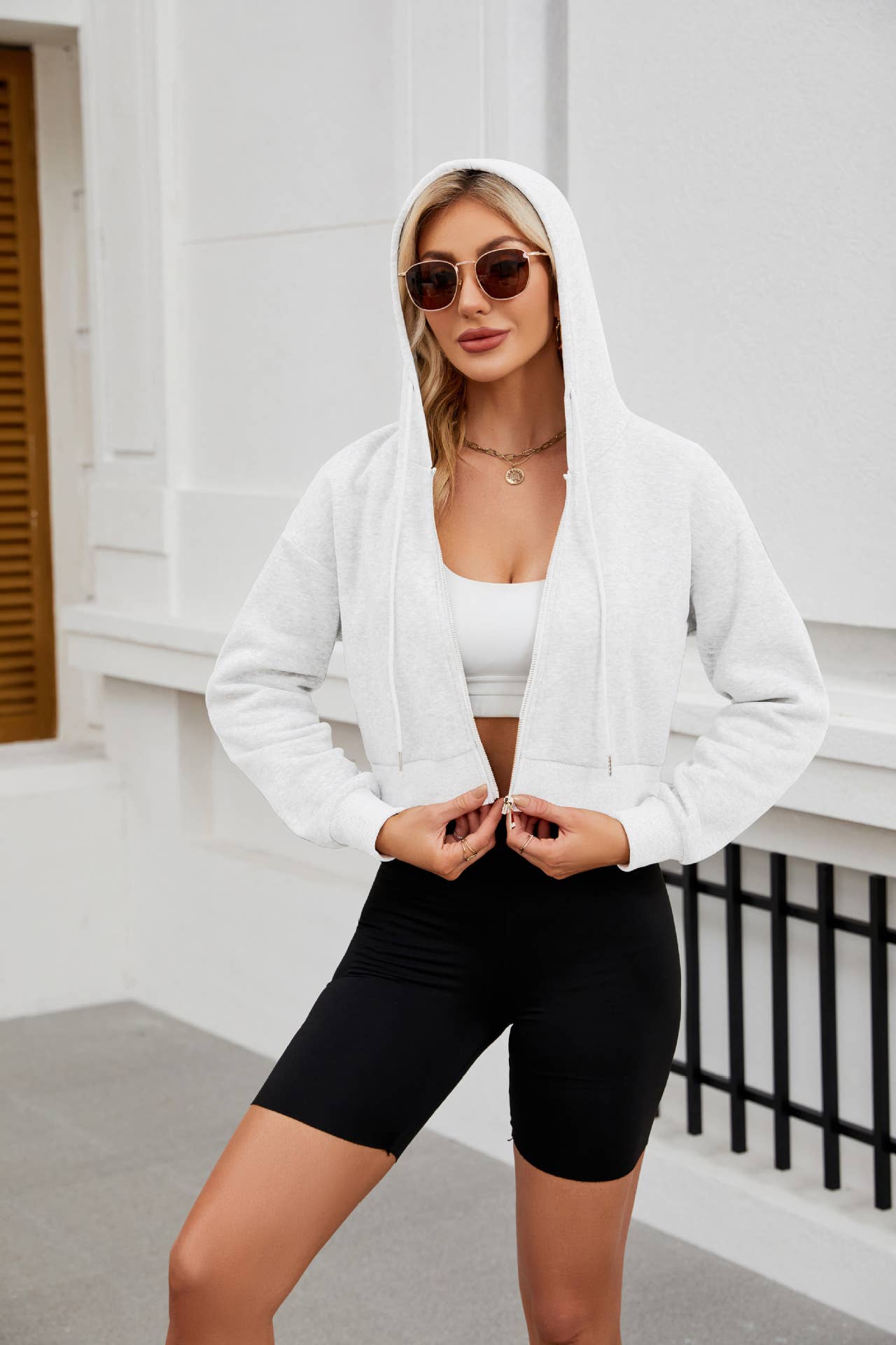 FASHION ZIPPER HOODIE DRAWSTRING SHORT HOODIE