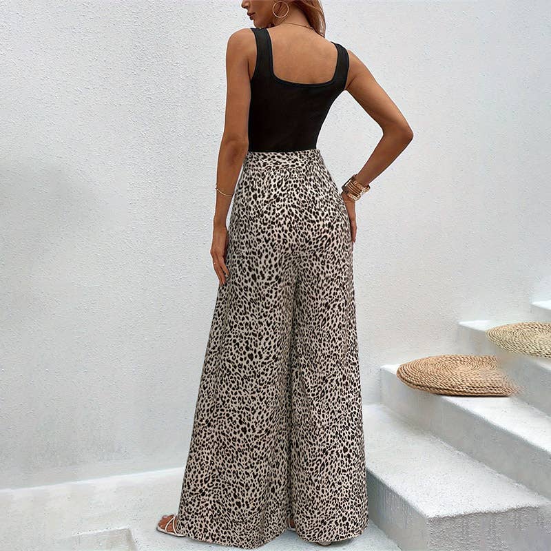 Elastic elastic waist leopard print flared pants
