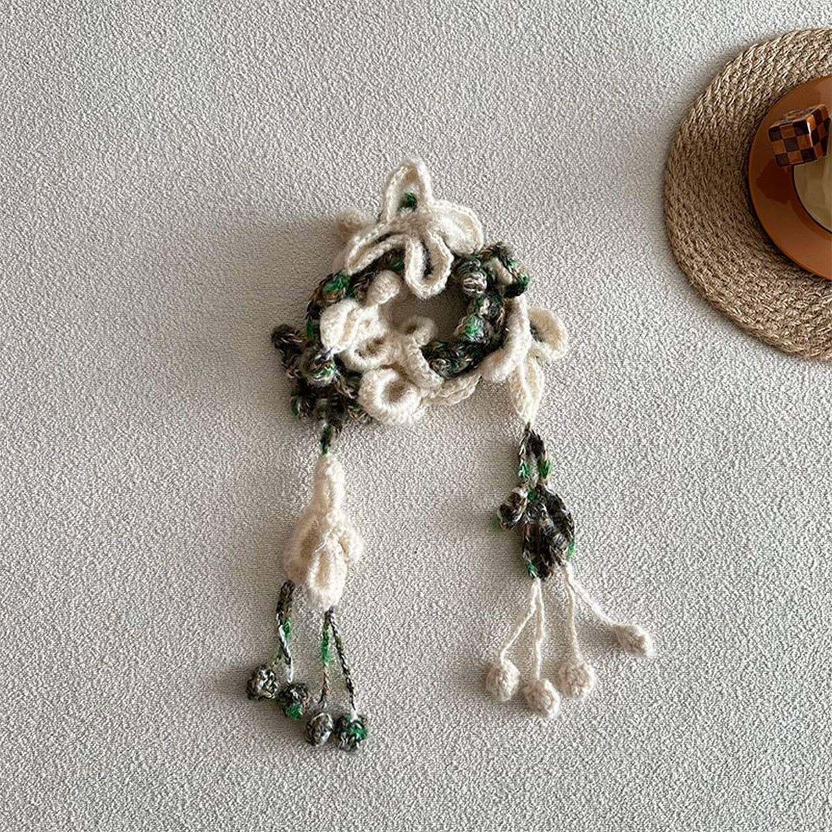 Floral Knit Skinny Scarf - Crochet Neck Wrap