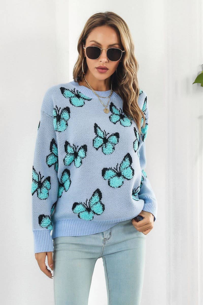 CWOSWL3964_3D BUTTERFLY JACQUARD CREWNECK KNITTED SWEATER