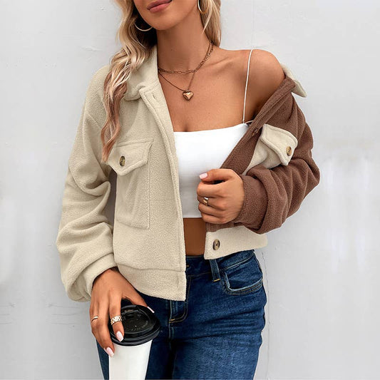 Color matching lapel short polar fleece jacket