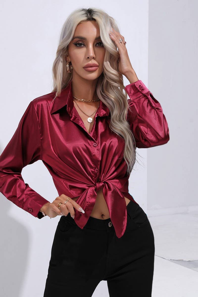 CWTBLL0690_Button Down Silky Satin Long Sleeve Top