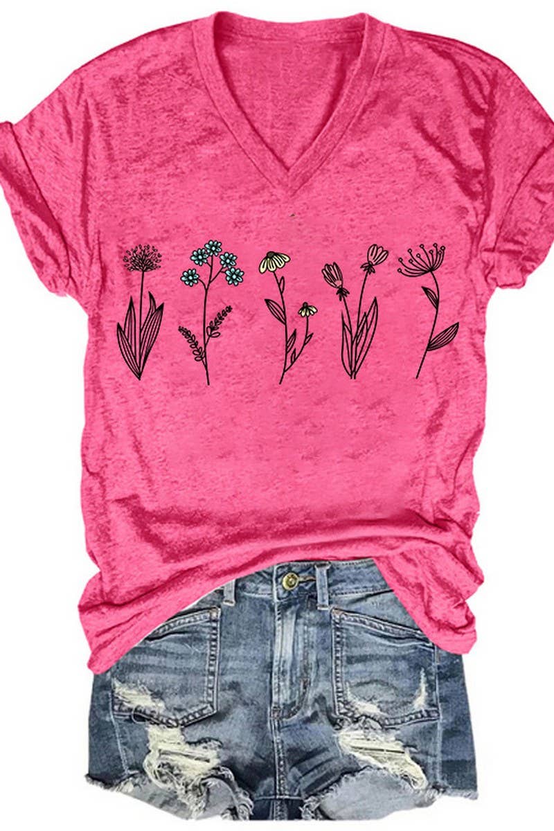 CWTTS1067_SMALL FLOWER PRINT V NECK SHORT SLEEVED T SHIRT