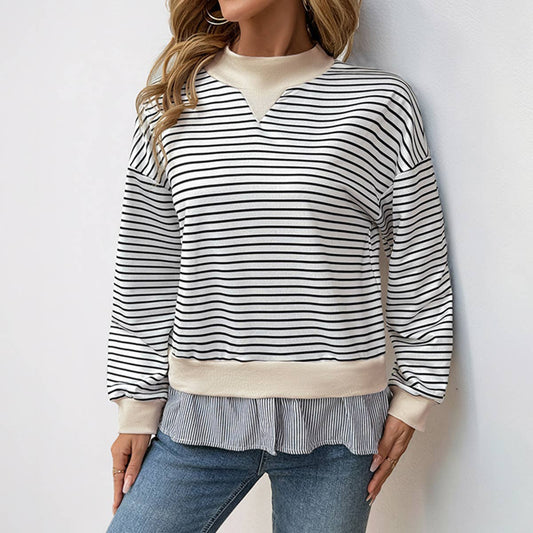 CREW-NECK STRIPED PATCHWORK FAKE TWO T-SHIRTS