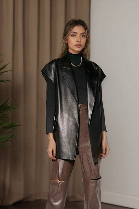 CWOV0790_SUIT COLLAR LEATHER SLEEVELESS LACE-UP VEST COAT