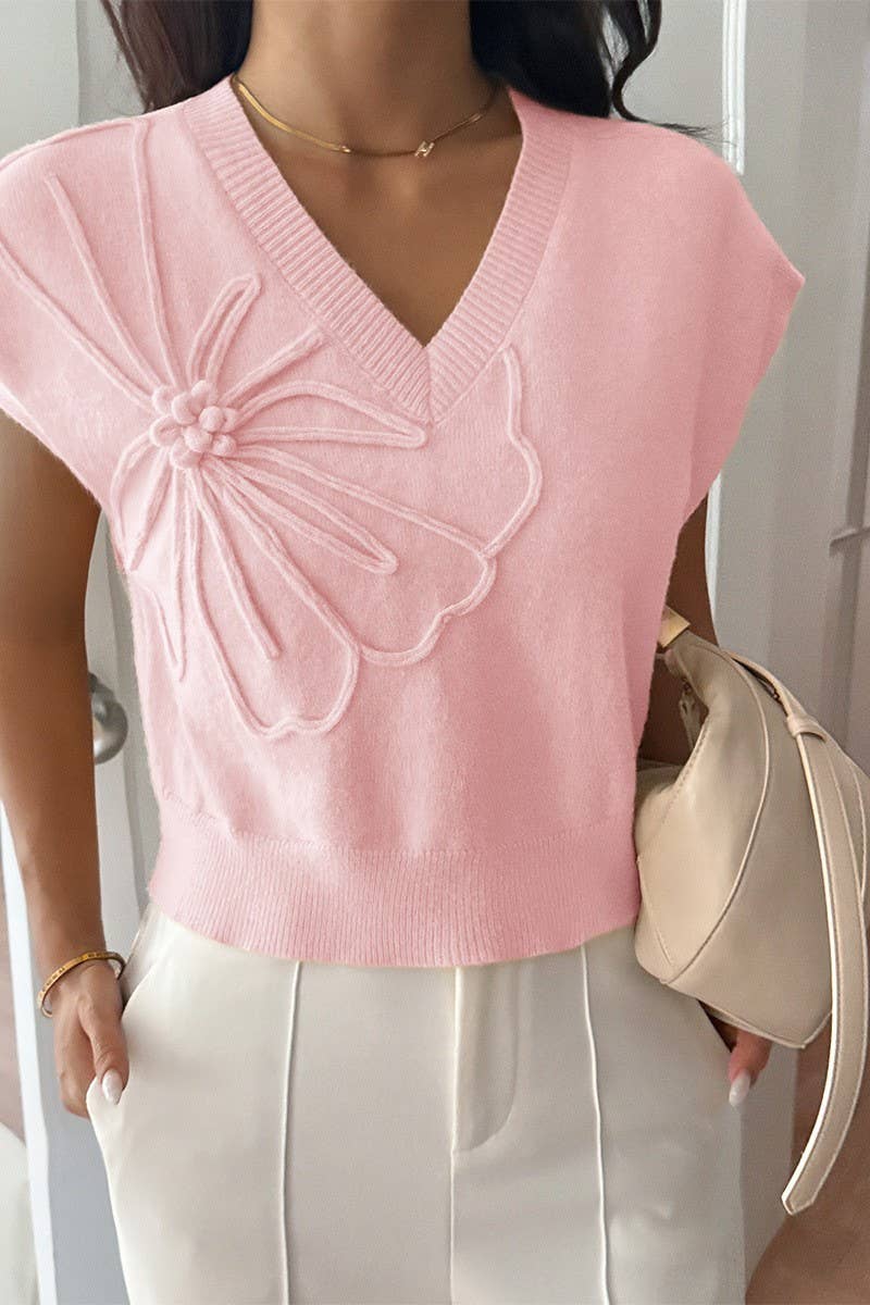 CWOSWS00156_CASUAL SOLID DEEP V SHORT SLEEVE SWEATER