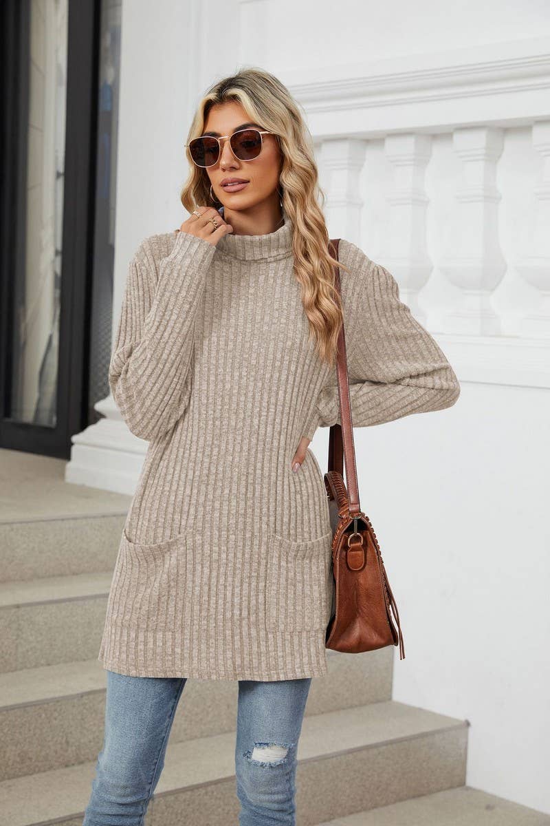 CWTBLL1200_SOLID COLOR RIBBED HALF TURTLENECK POCKET TOP