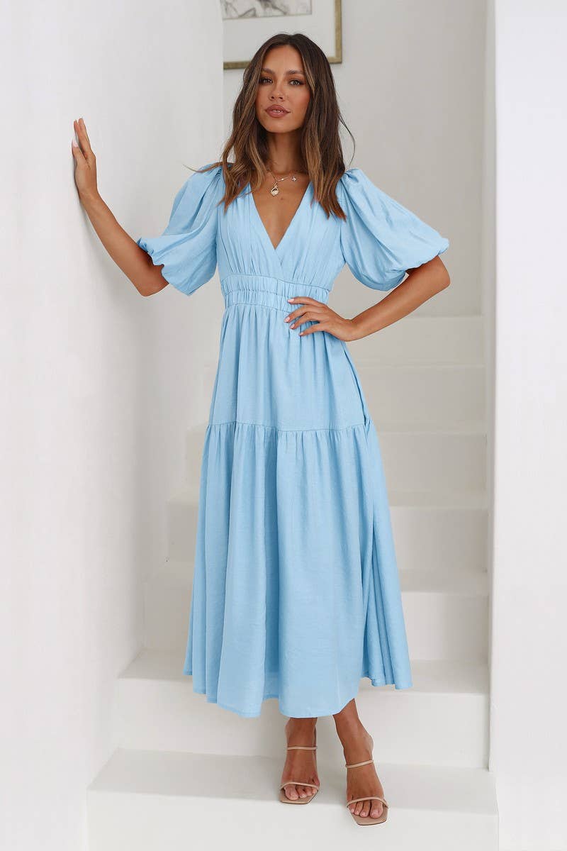 CWDSD8159_LANTERN SLEEVE TIERED FLARE MIDI DRESS