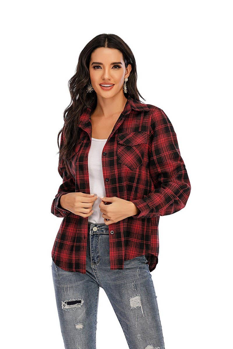 CWTBLL3628_NEW WOMEN'S SUEDE BUTTON-DOWN PLAID SHIRT