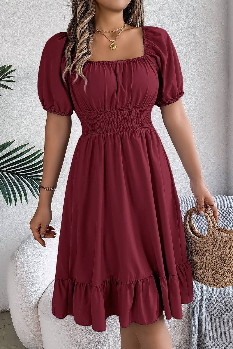 CWDSD4632_SQUARE NECK SHORT SLEEVE WAIST PEPLUM DRESS