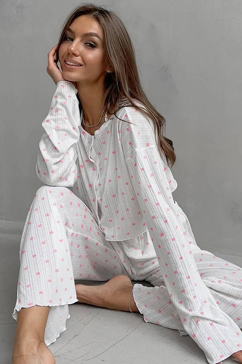 CWSPJ0220_KNITTED HEART PRINT PAJAMAS TWO-PIECE SET