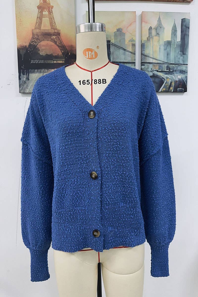 CWOCAL371 Button Down Long Sleeve V-Neck Cardigan Sweater