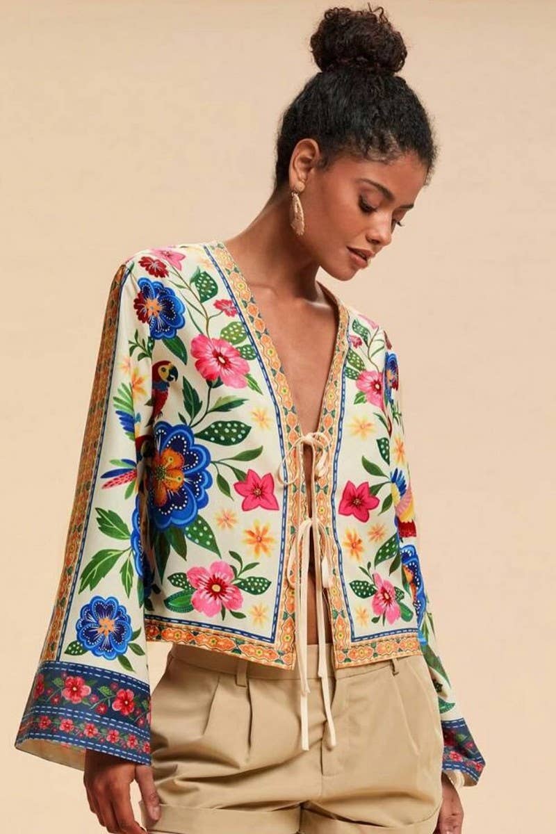 CWTBLL00636_CASUAL PRINTED TIE FRONT VACATION CARDIGAN TOP