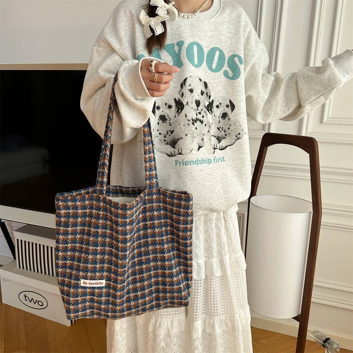 CWAB3902_HOUNDSTOOTH LARGE CAPACITY SHOULDER BAG