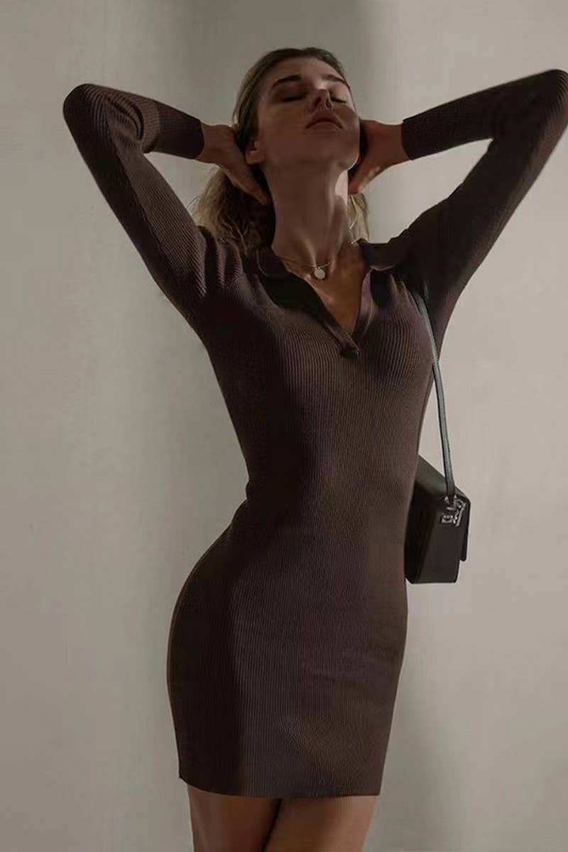 CWDSD7461_LAPEL RIBBED KNIT LONG SLEEVE BOTTOMING DRESS