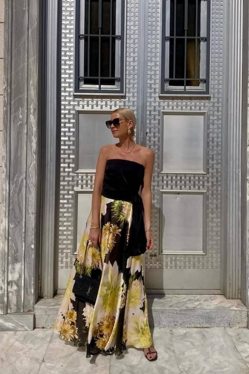 CWSTB340_BANDEAU TOP AND PRINTED SWING SKIRT SET