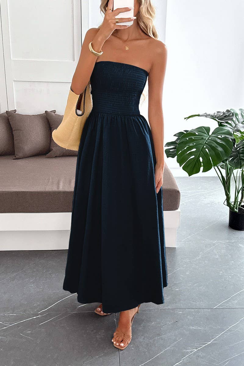 CWDTD00504_SOLID COLOR STRAPLESS WAIST TIE MAXI DRESS