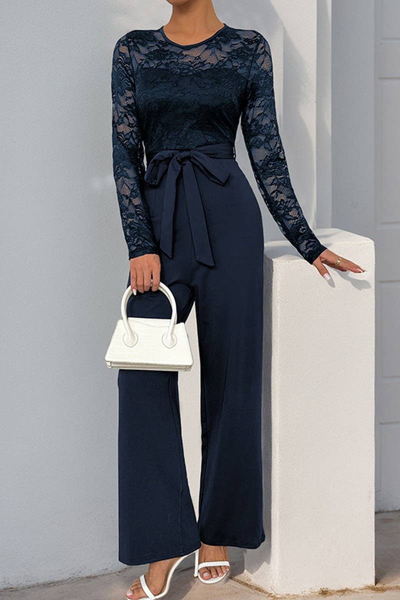 CWSJS00276_LACE PATCHWORK ZIP TIE SOLID LOOSE JUMPSUIT