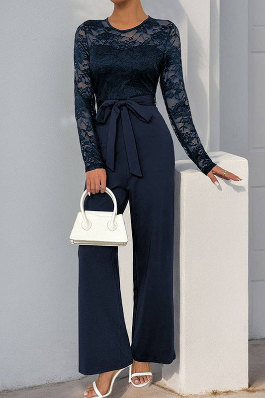 CWSJS00276_LACE PATCHWORK ZIP TIE SOLID LOOSE JUMPSUIT