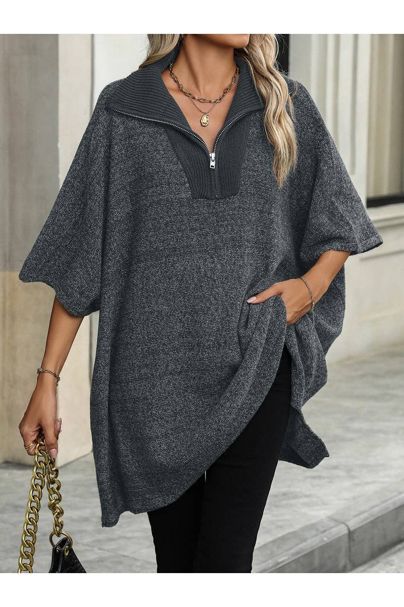 CWOSWS0082_Long Lapel Bat Sleeve Knit Zip Up Sweater