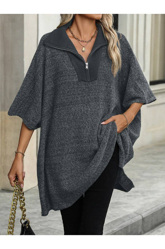 CWOSWS0082_Long Lapel Bat Sleeve Knit Zip Up Sweater