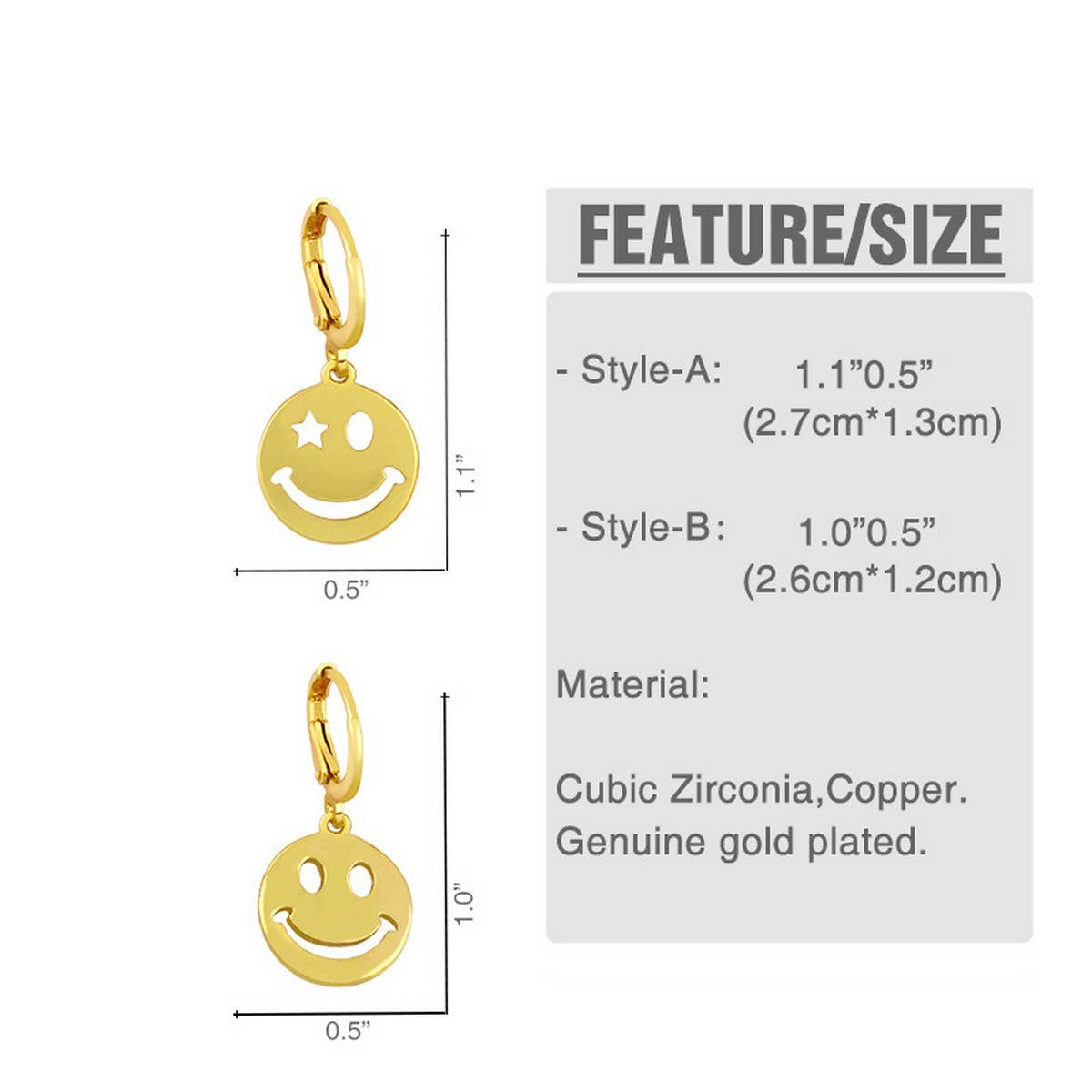 GOLD PLATED SMILEY EXPRESSION PENDANT EARRINGS