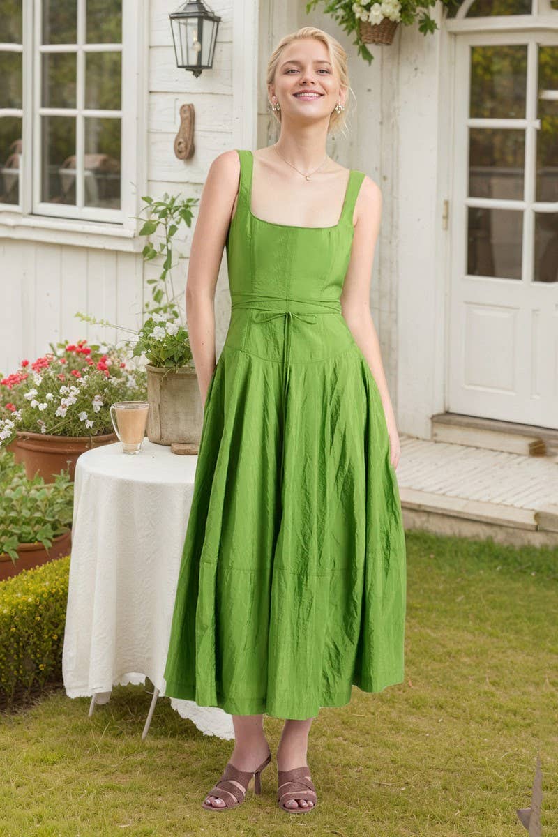 CWDMD6417_SQUARE NECK SATIN TIE MIDI SLIP DRESS