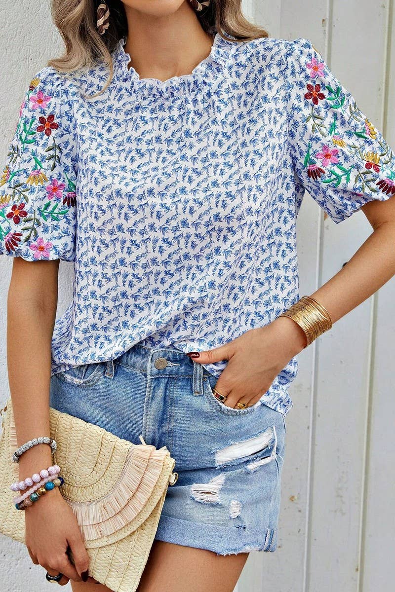 CWTTS1377_NEW SUMMER EMBROIDERY PRINT COLOR BLOCK TOP