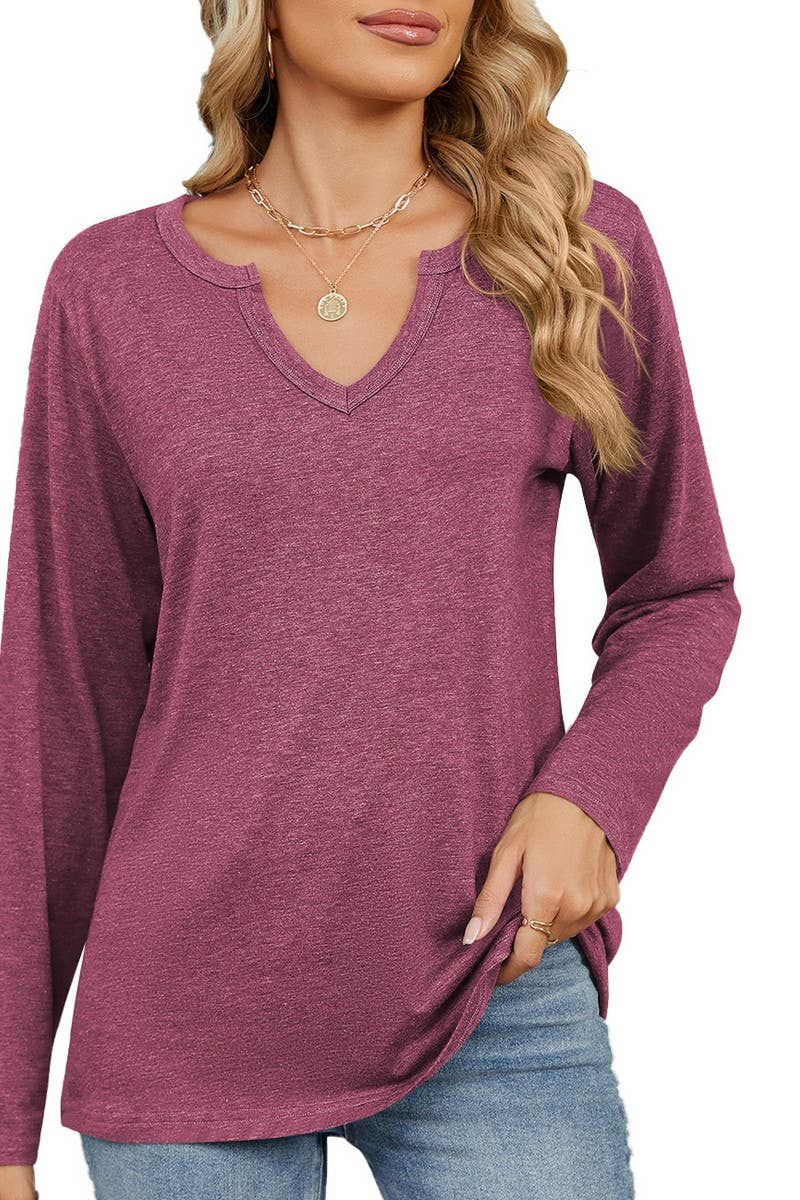 CWTBLL2369_V-NECK SOLID COLOR LOOSE LONG-SLEEVED T-SHIRT