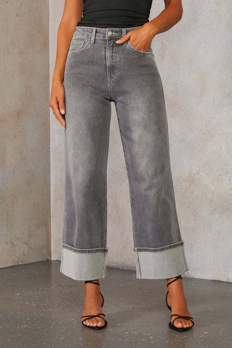 CWJP0583_ROLLED HEM HIGH WAIST STRAIGHT LEG JEANS