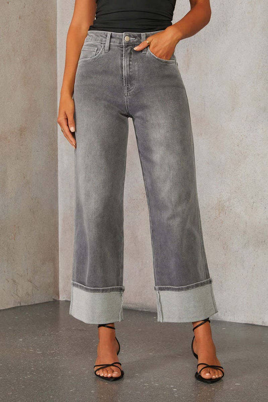 CWJP0583_ROLLED HEM HIGH WAIST STRAIGHT LEG JEANS